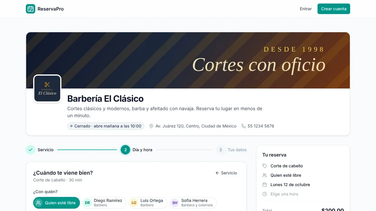 Sitio web de ReservaPro · Citas para peluquerías